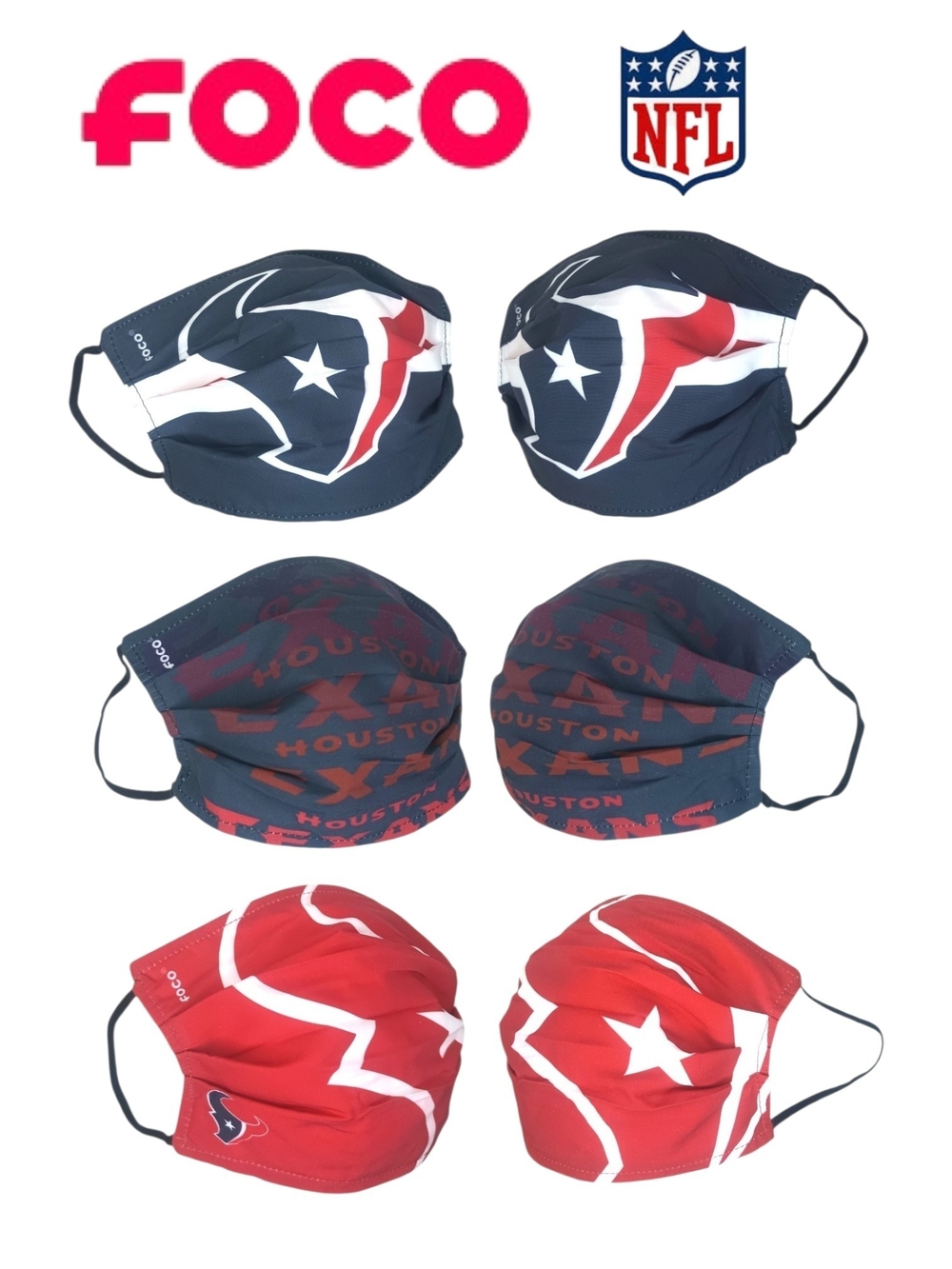 6x Houston Texans NFL Pleated Face Cover Foco 100% Polyester Shell Cotton Lining